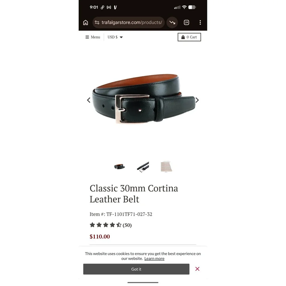 Trafalgar Mens Cortina Leather Belt Black Silver Buckle 30mm Size 40